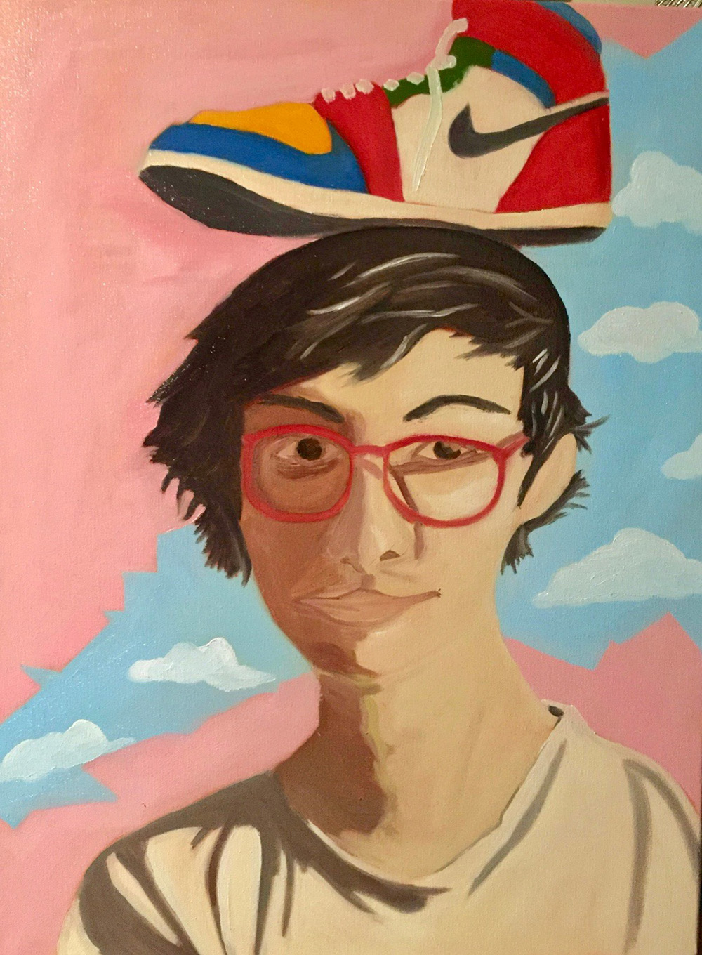 Painting of a Person with a Shoe on Their Head