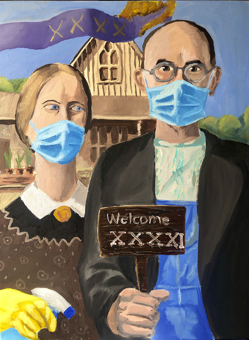Remake of American Gothic Painting Wearing Masks