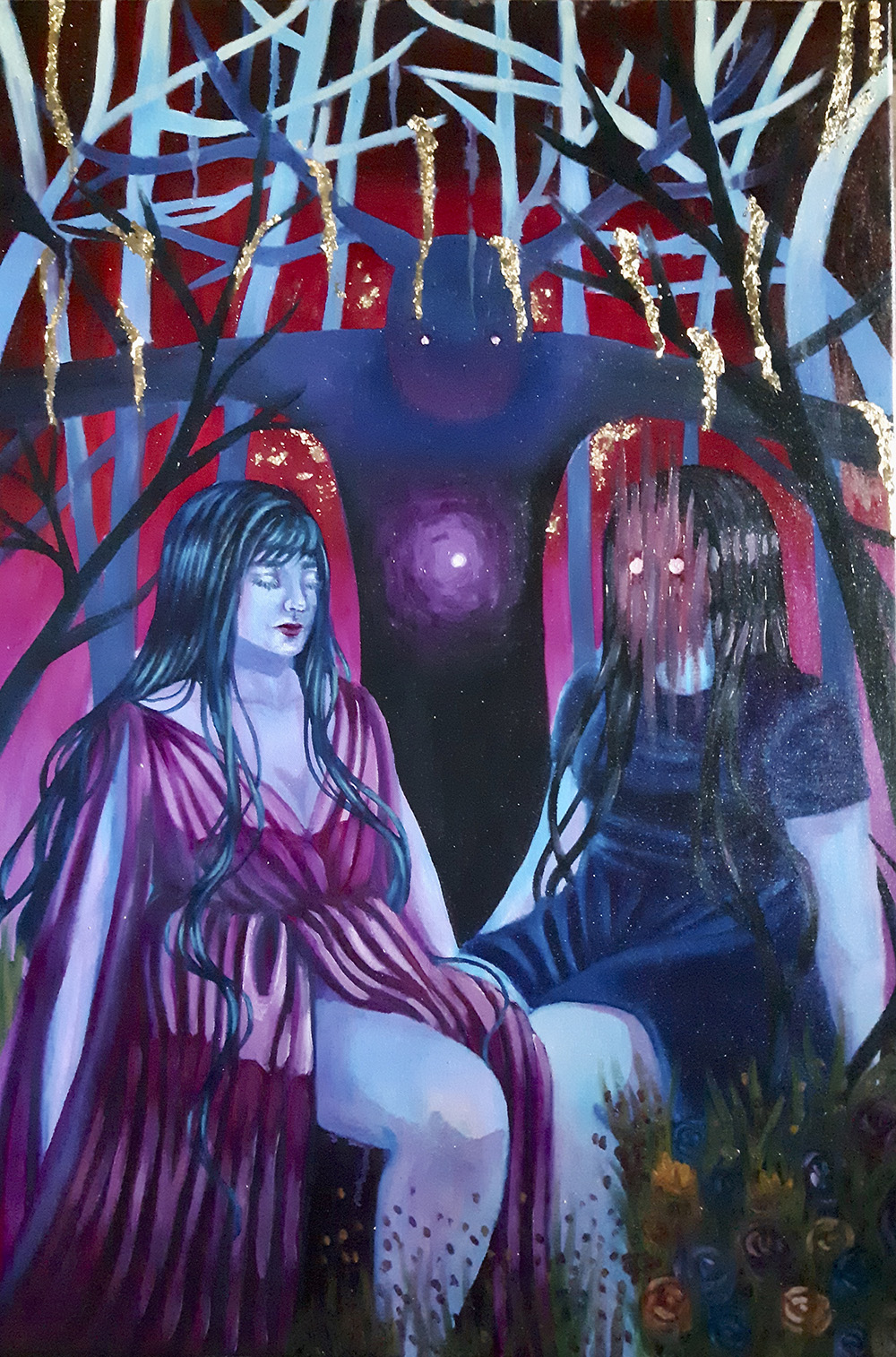 Moody Painting of Two Women and a Deer Demon
