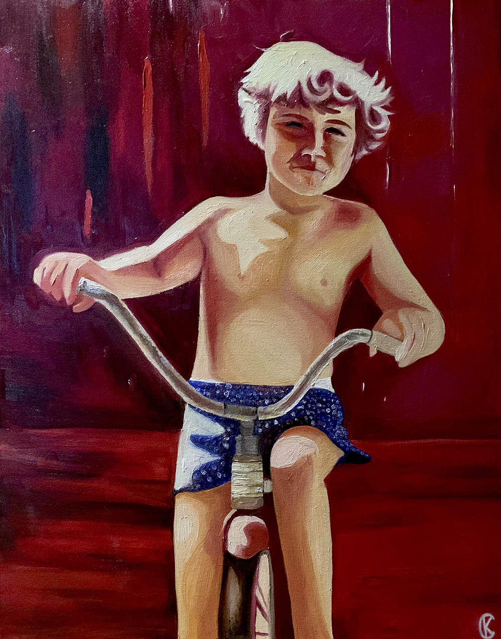 Painting of a Child Standing with a Bike