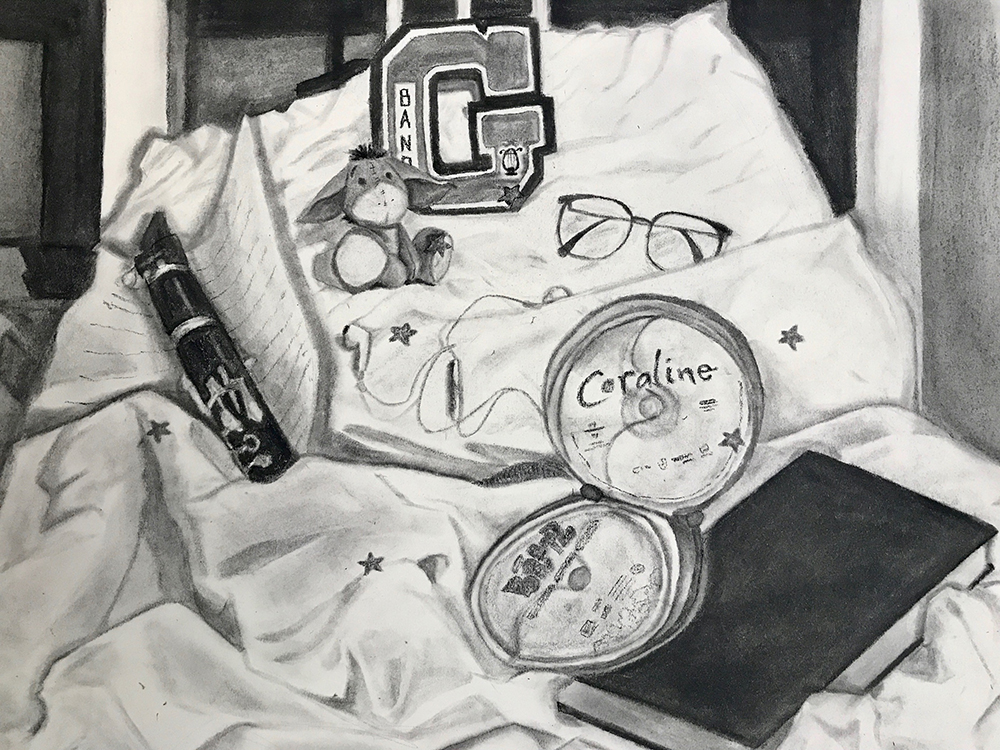 Drawing of Personal Items on a Bed Drawing of Personal Items on a Bed