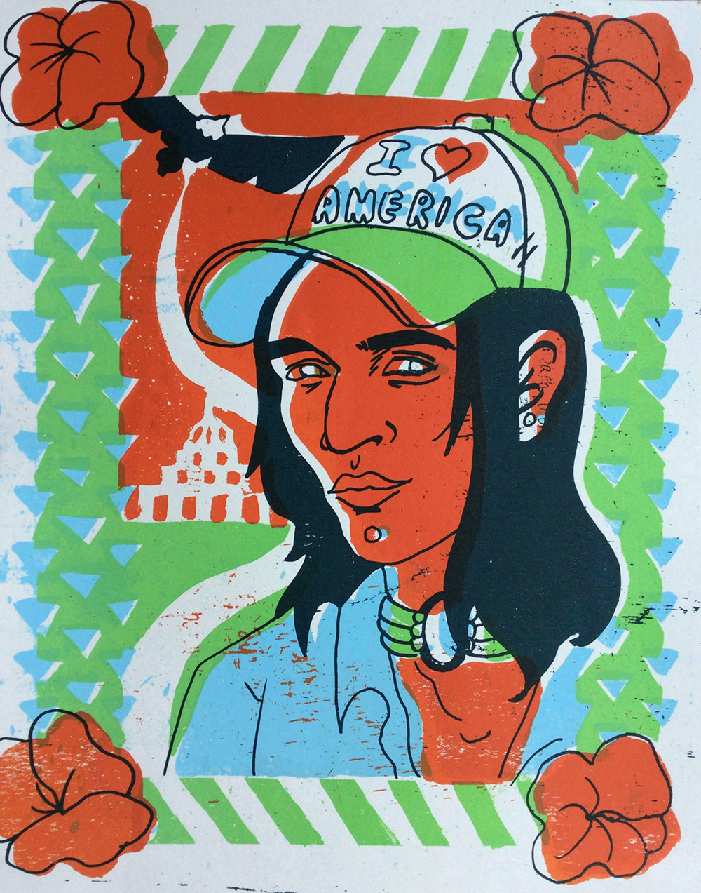 Print of a Native American wearing an I Love American Hat