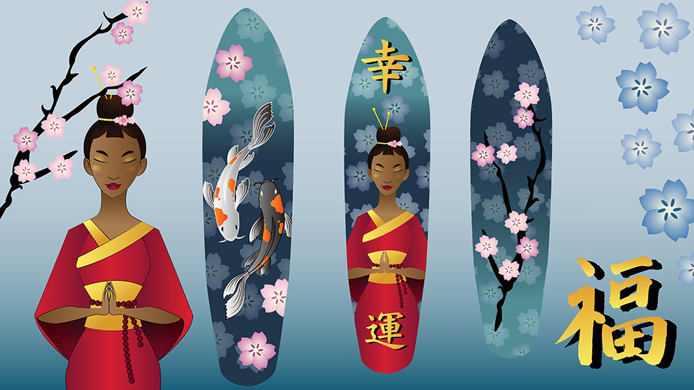 Digital Illustration of Japanese-Inspired Skateboards