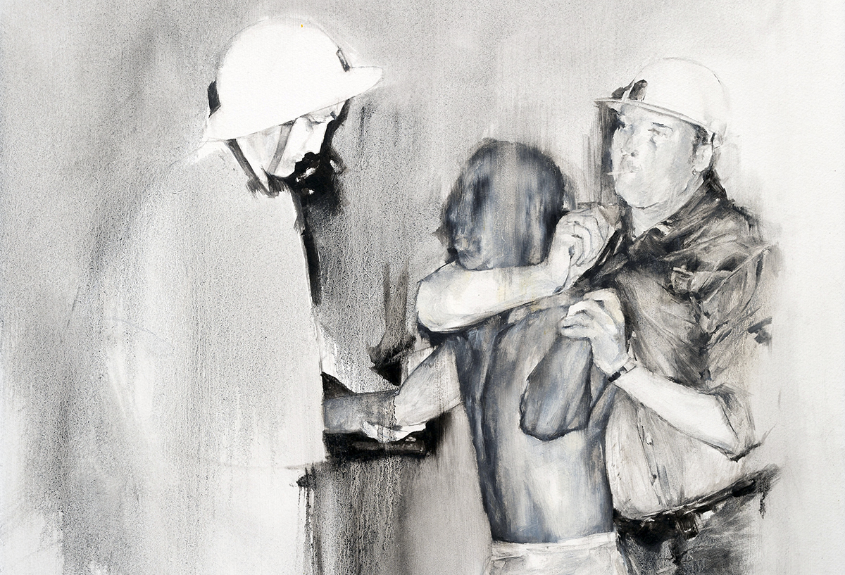 Painting of Officers holding a man in a chokehold