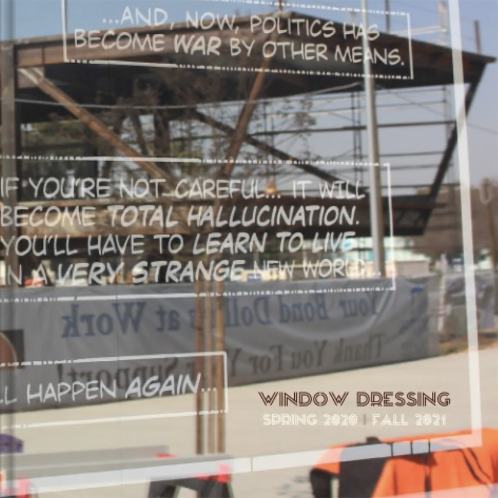 Construction Reflected in Window with Text