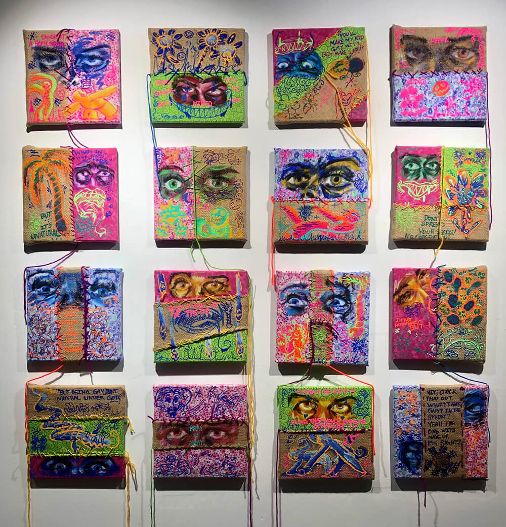 Grid of Colorful Eyes with Text Overlay