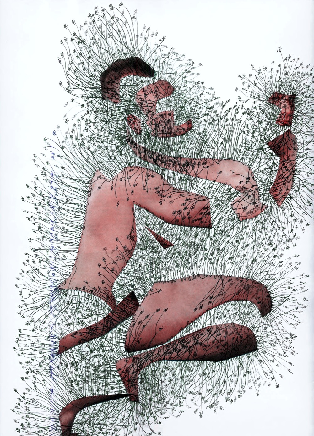 Fragmented figure drawing of person.