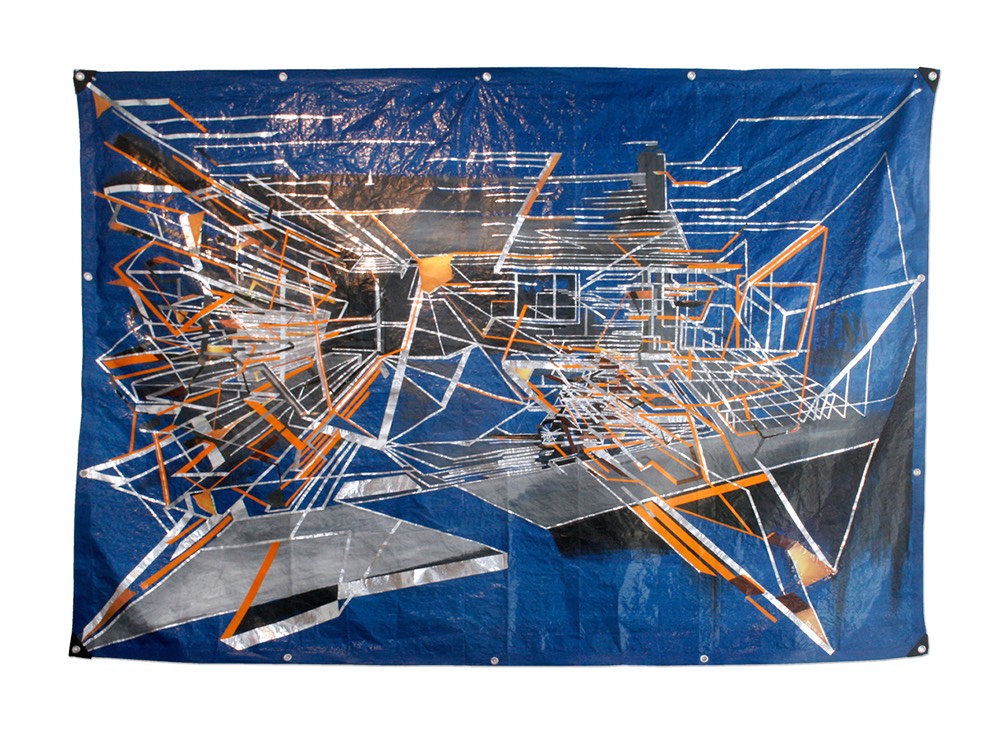 Abel Rodriguez SUR 2013 Painting on a blue tarp.