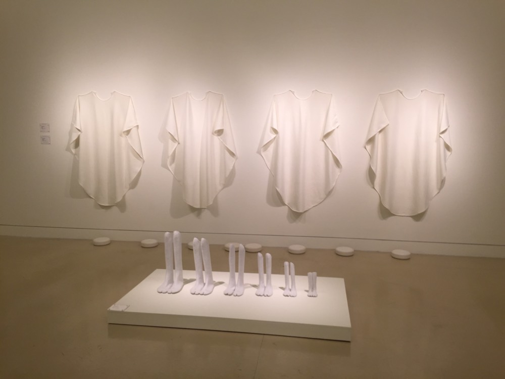 Clothing installed on gallery wall.