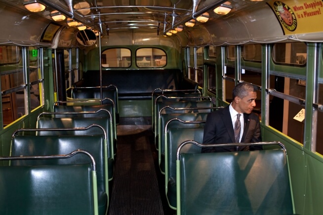 President Barack Obama riding a bus