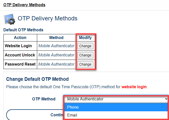 One-time password delivery methods user interface