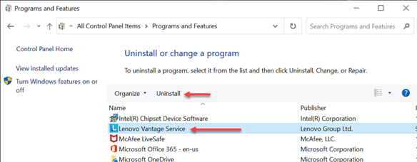 Windows Programs and Features panel showing Uninstall/change program options