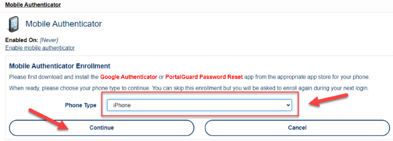 Choose your smart phone type under 'Phone Type' then click on 'Continue'