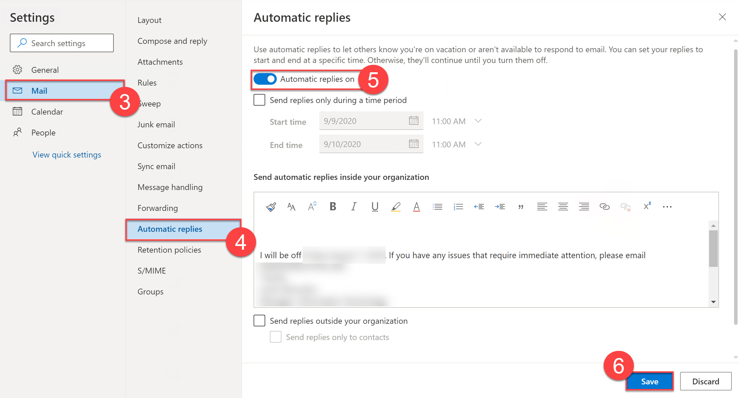 Out of Office Settings page