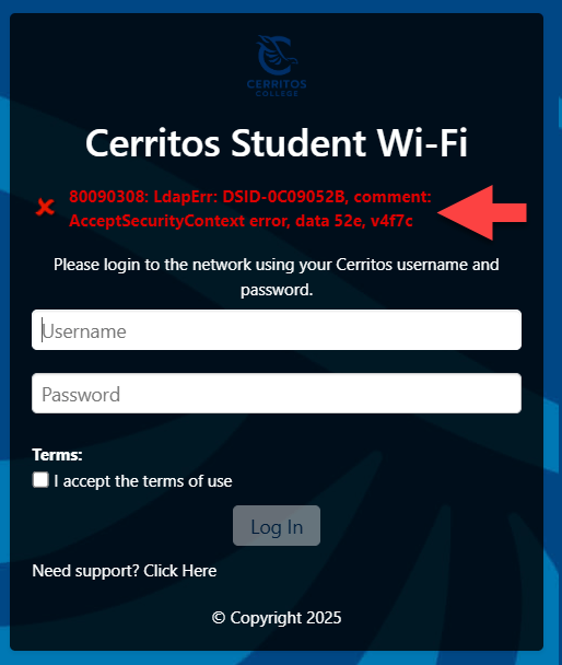 Wifi Log in Error