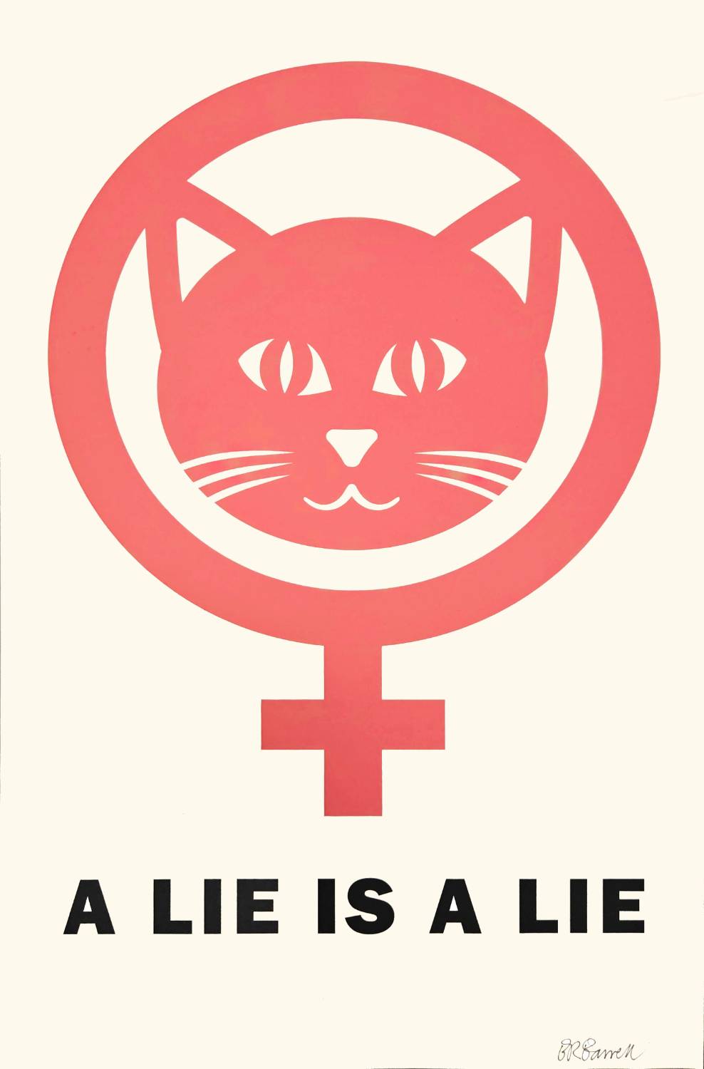 Pink venus symbol with cat inside circle. Text: "A lie is a lie".