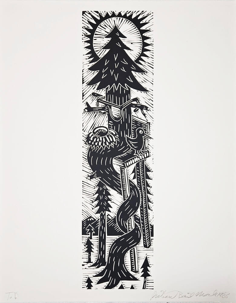 Pine tree with long twisting trunk and sunglasses.