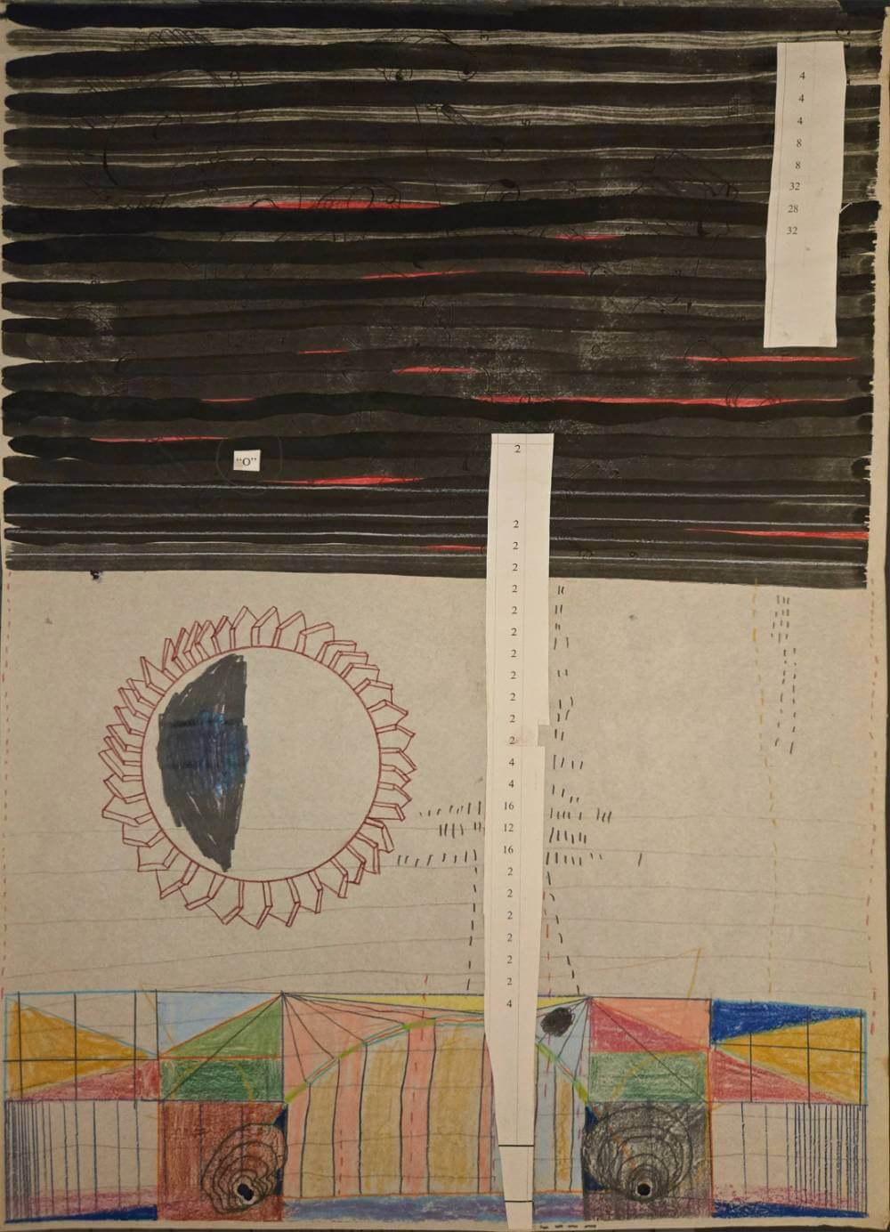 Colorful and abstract geometric shapes with repeated even numbers and letter O.