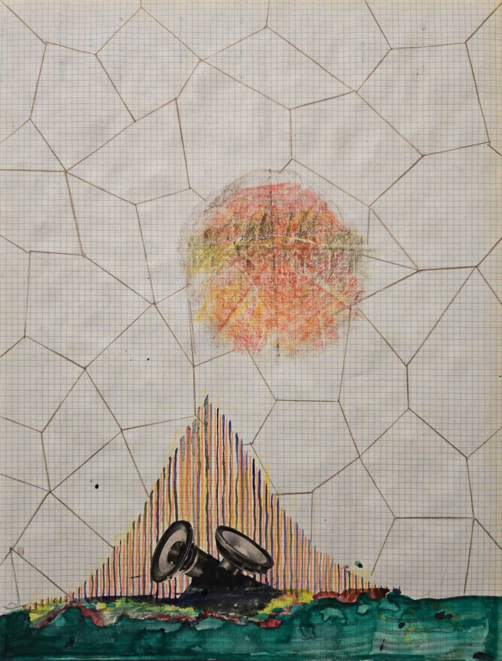 Colorful geometric shapes with cut-out collage speakers.