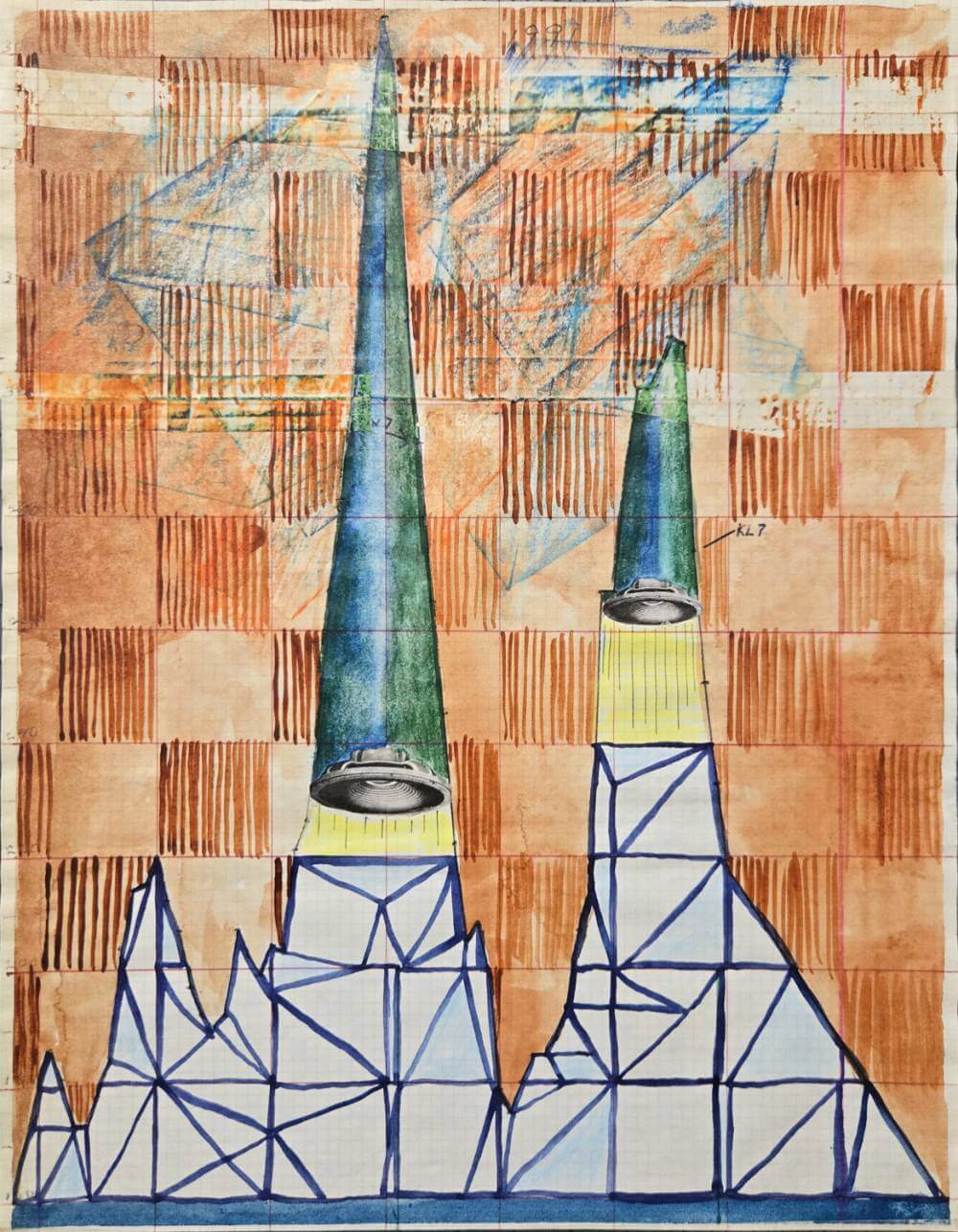 Orange and blue geometric shapes with cut-out collage speaker cones.