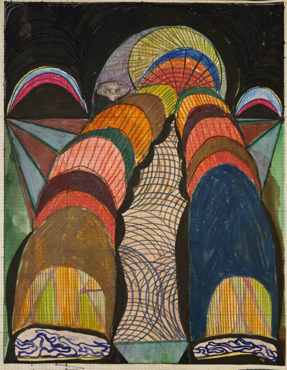 Colorful desaturated layered circular shapes with colorful linear patterns.