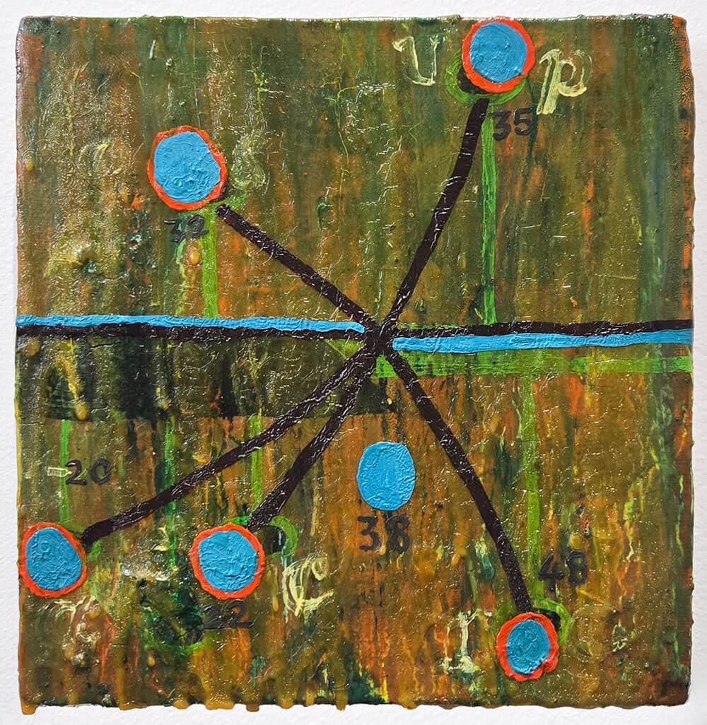 Blue circles with orange borders connected to each other with lines.