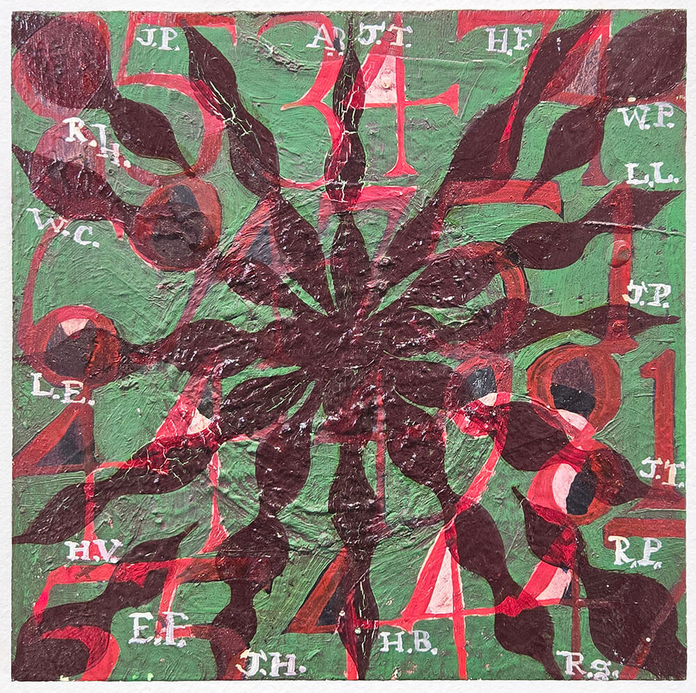 Maroon geometric shapes and red numbers against green background.
