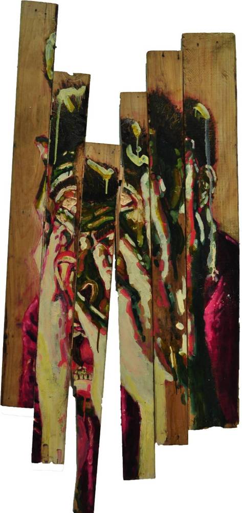 Fragmented face yelling and clawing eyes out on assymetrical wood slats.