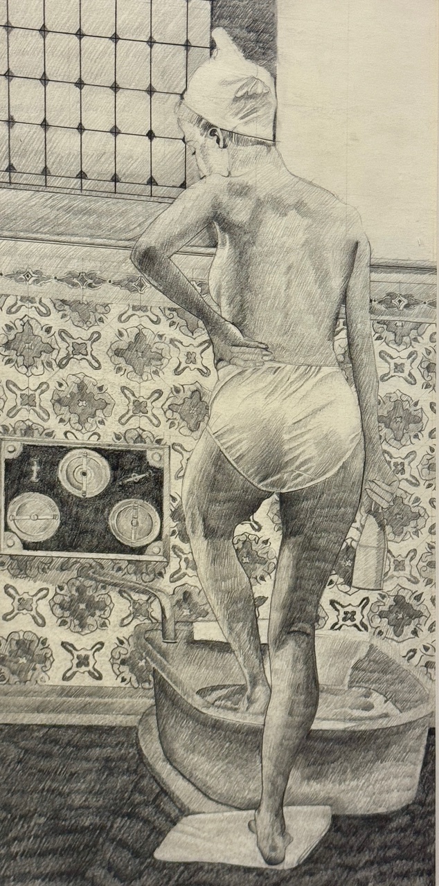 Woman with underwear and shower cap with one leg in a foot tub.