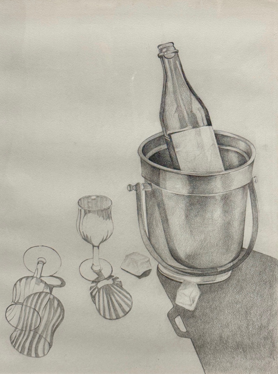 Glass bottle in ice bucket with two glass cups and two ice cubes next to bucket.