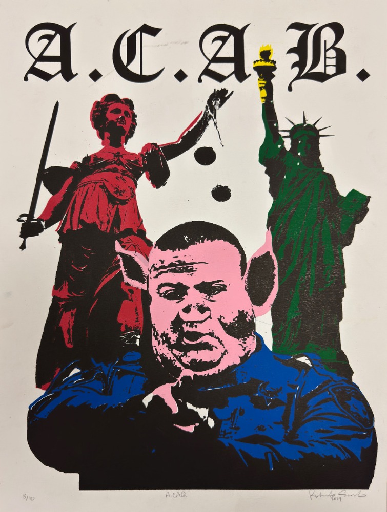 ACAB, officer with pig nose and ears, Statue of Liberty, and Lady Justice.