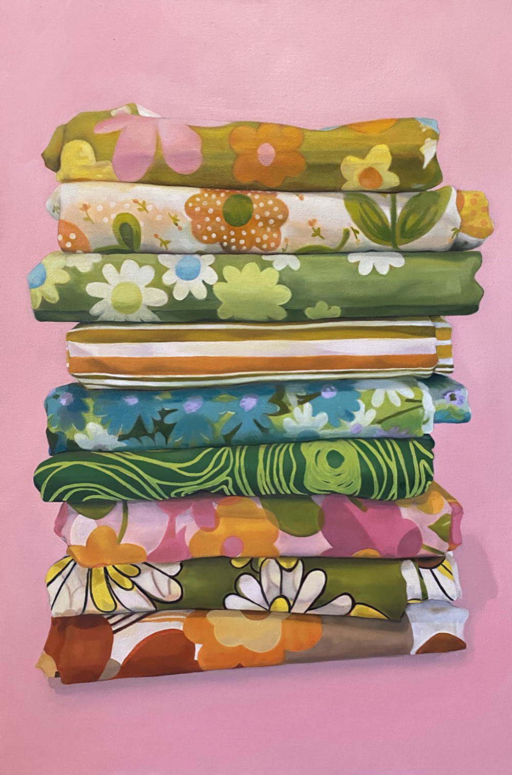 A stack of patterned fabrics