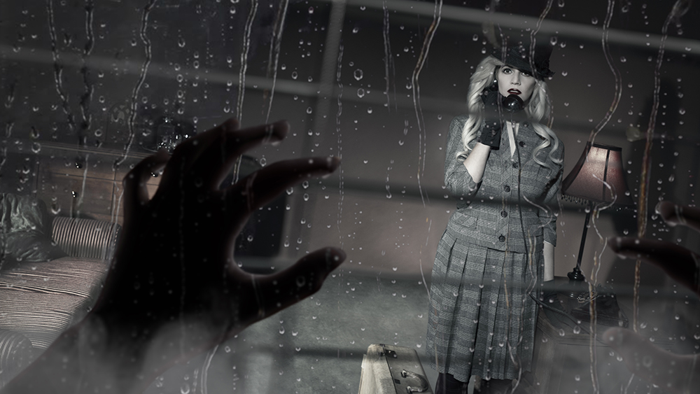 A woman gazing out a window into the rain