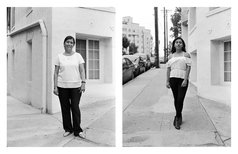 Two black and white portraits of a mother and daughter.