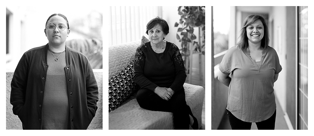 Three black and white portraits of a mother and her daughters.