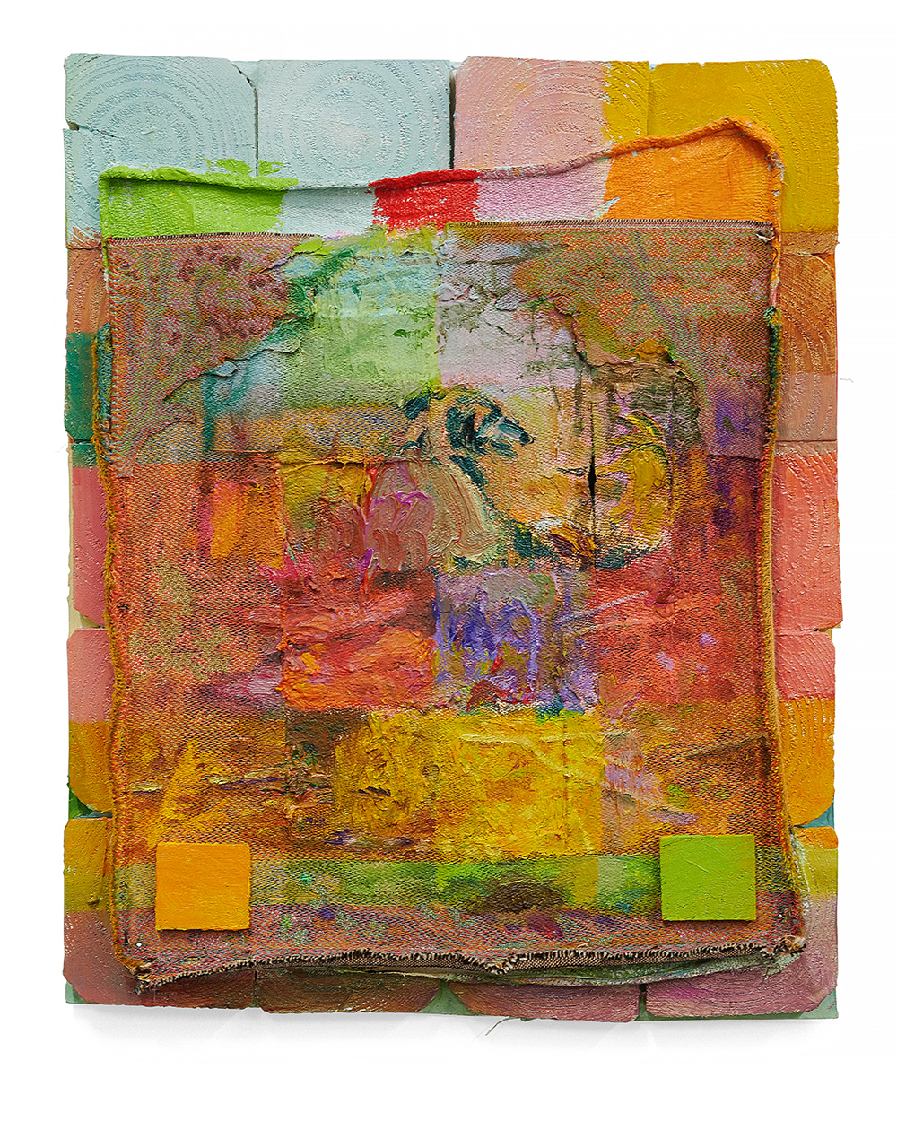 A semi-abstract painting of a dog attacking a fox