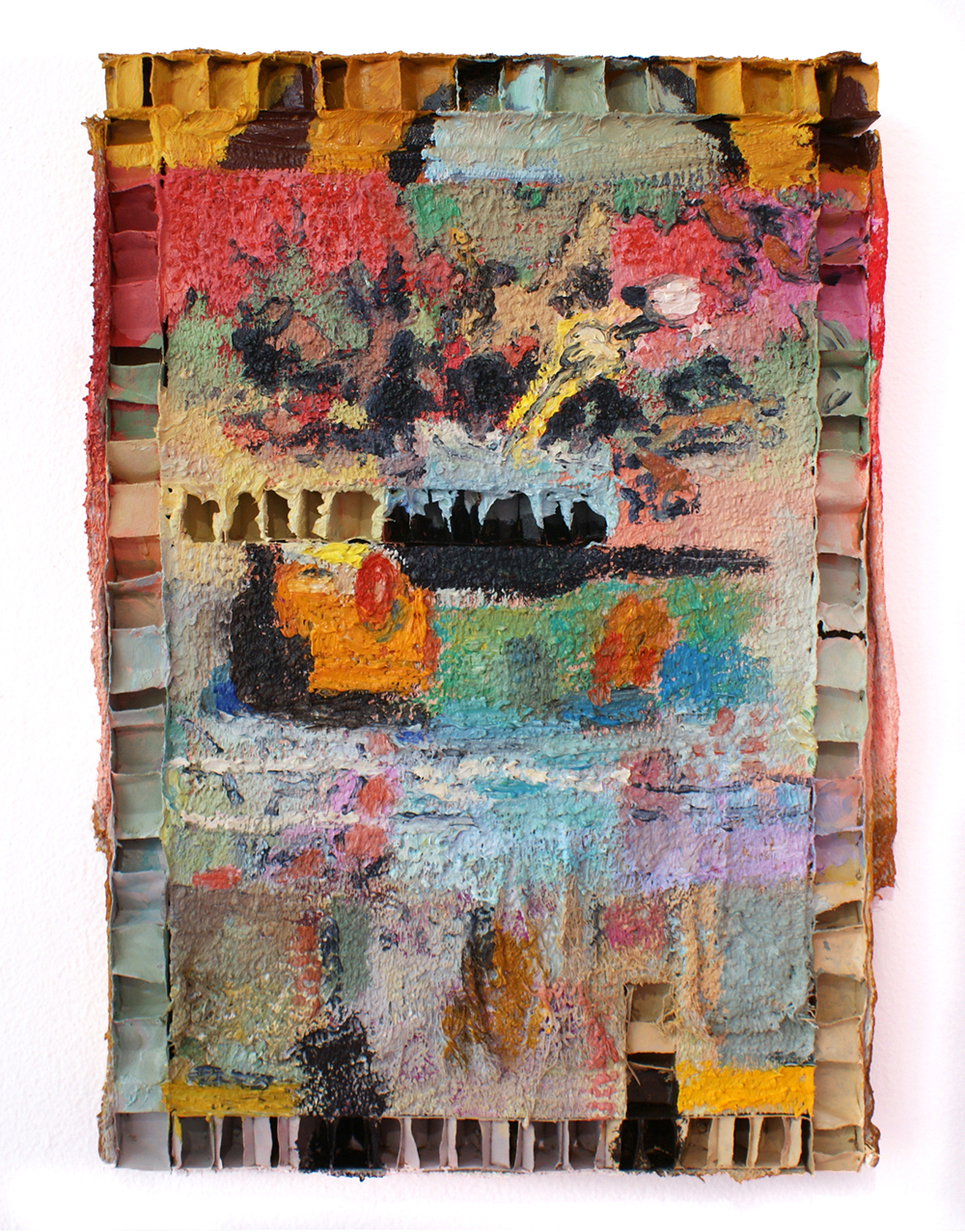 A semi abstract painting of a person on the ground