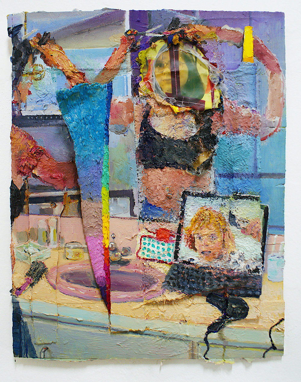 A semi abstract painting of a person cutting their hair