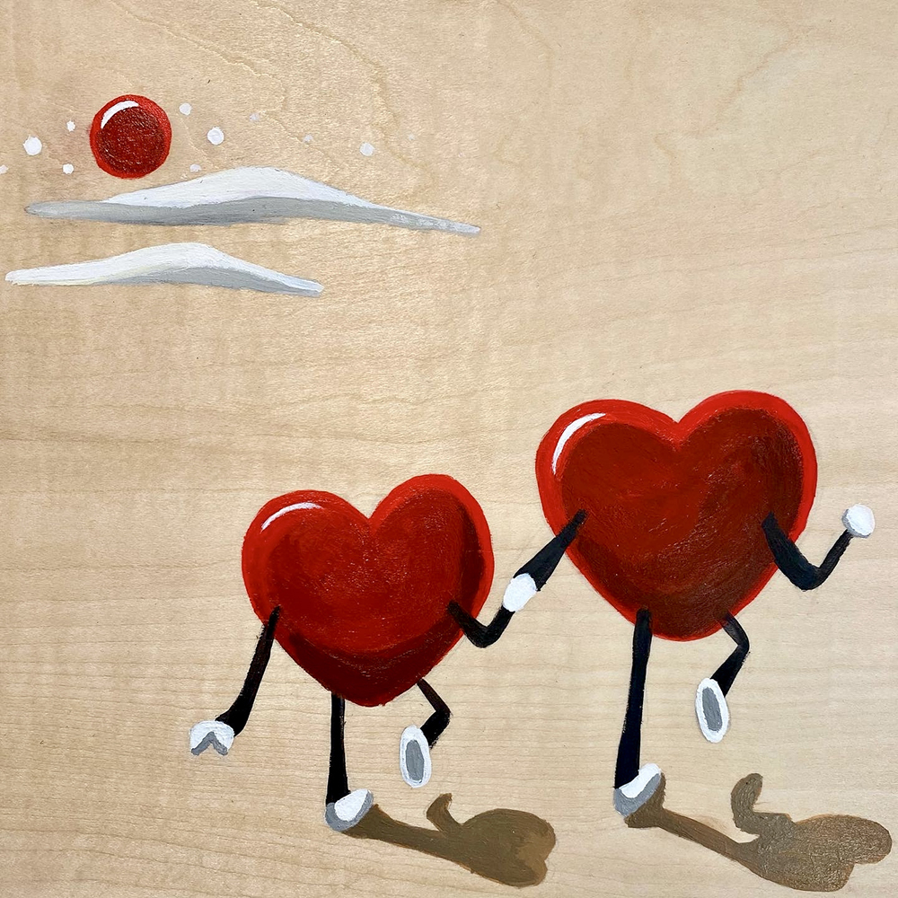 f. Two hearts holding hands running away together