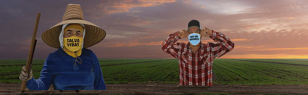 Large signs of Farm Works in masks Loom over a field