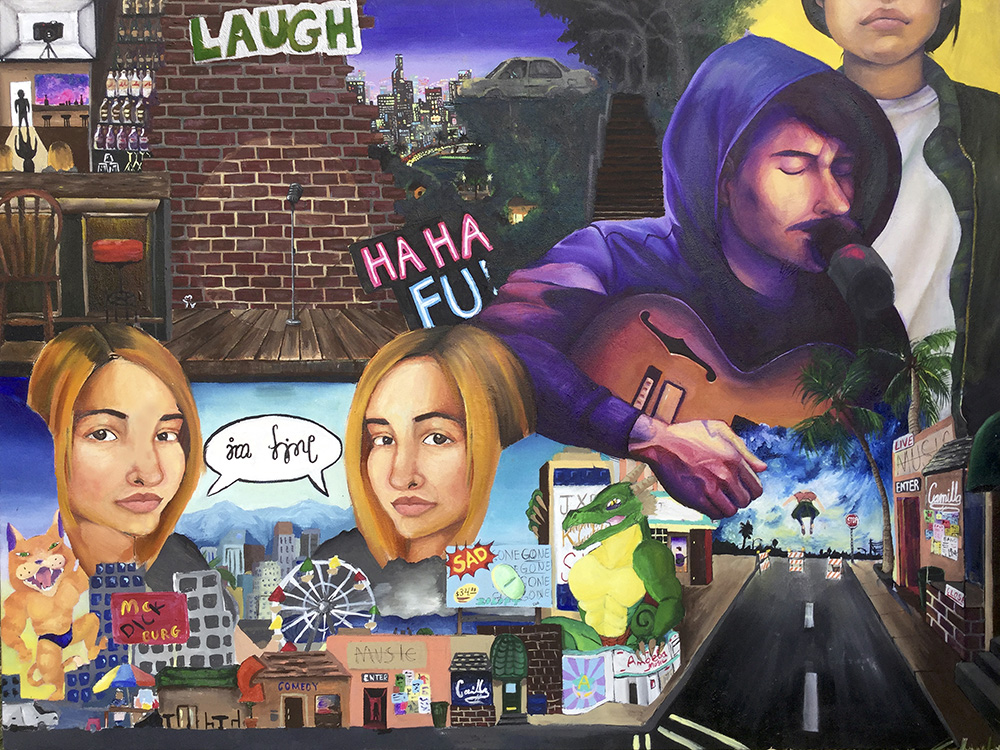 Painting of a Man Playing Guitar in front of a brick Wall Painting of a Man Playing Guitar in front of a brick Wall