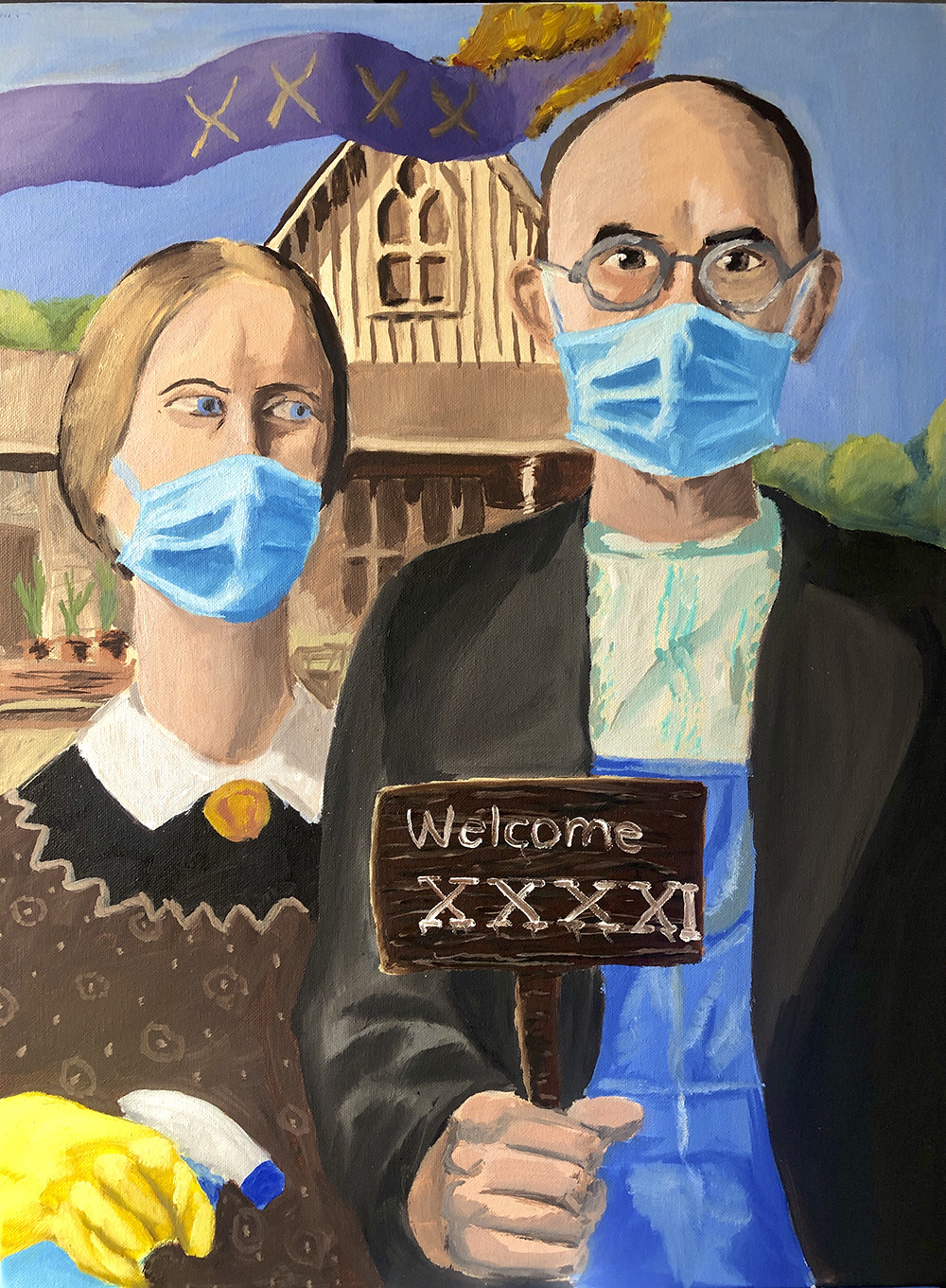 Remake of American Gothic Painting Wearing Masks Remake of American Gothic Painting Wearing Masks