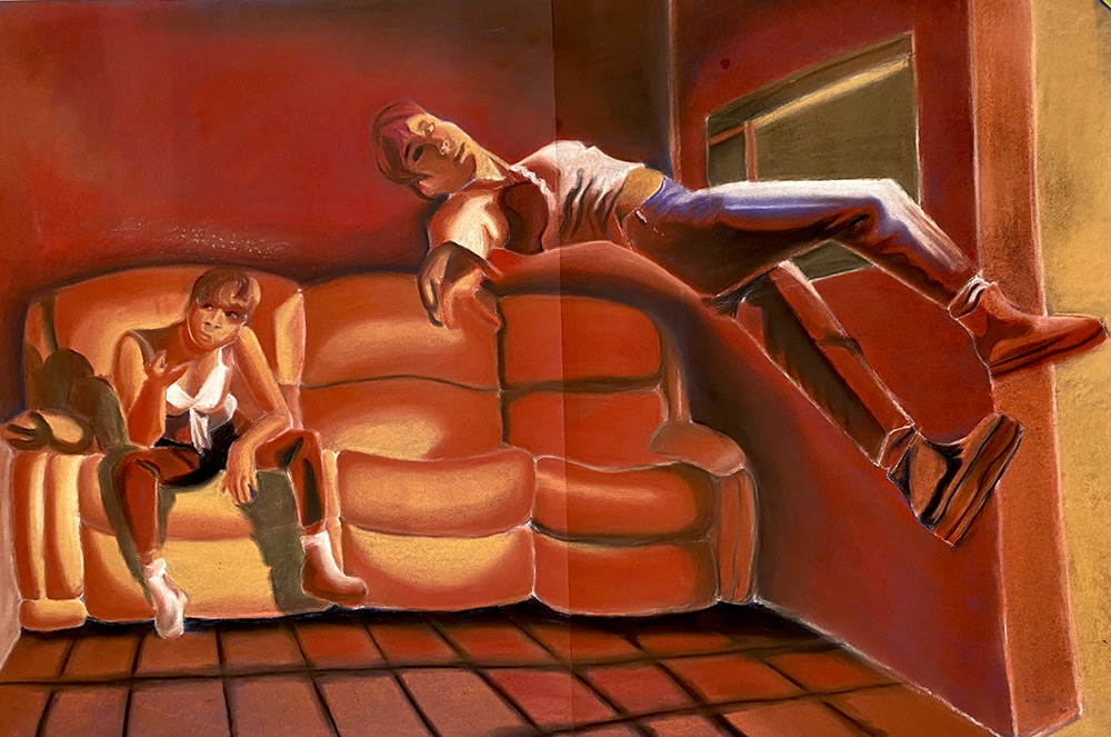 Painting of a Person Sitting on a Couch and Another Floating Above it Painting of a Person Sitting on a Couch and Another Floating Above it