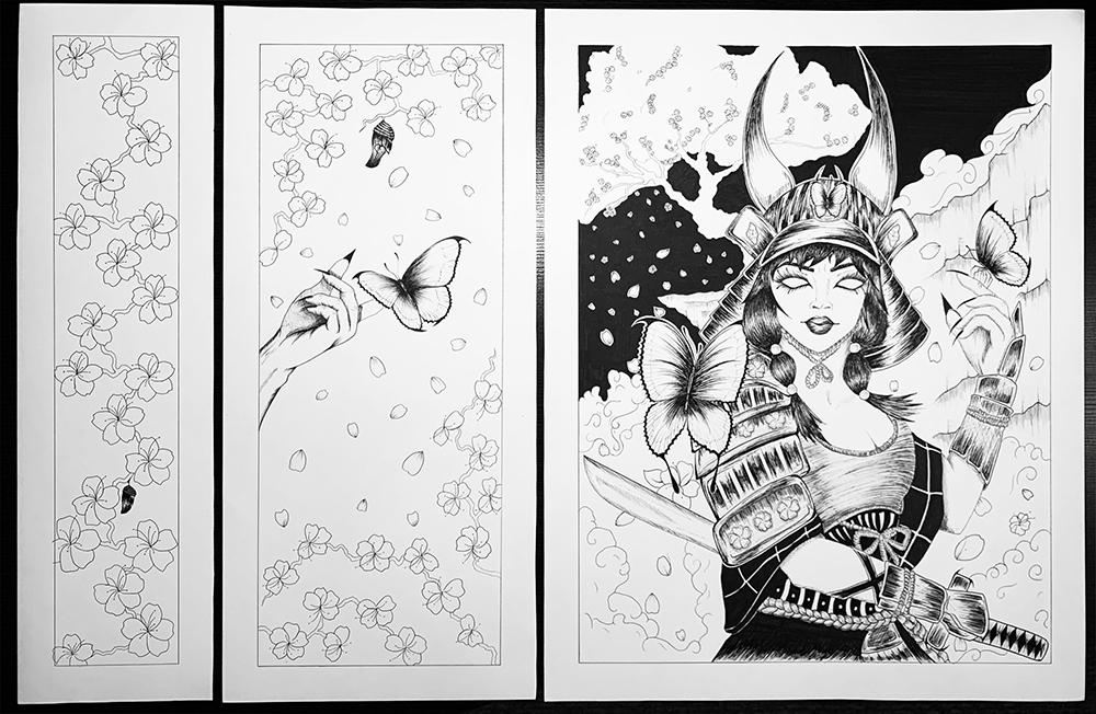 Drawing of a Butterfly and Female Samurai