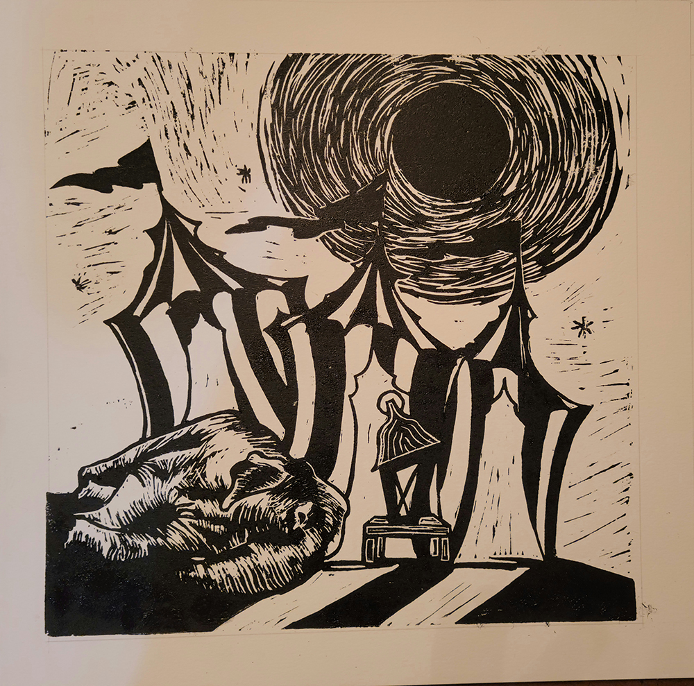 A moody print of circus tents