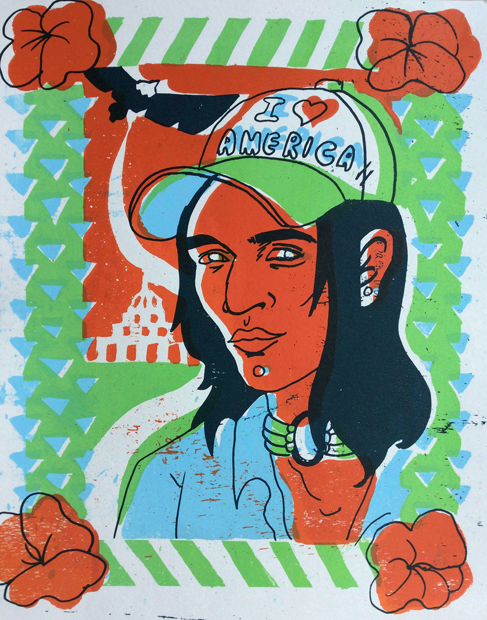 Print of a Native American wearing an I Love American Hat