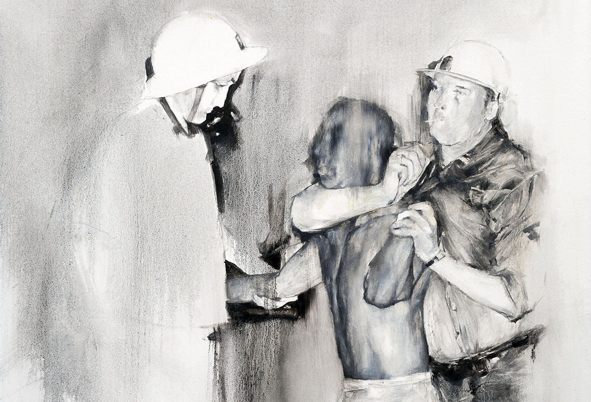 Charles Edward Williams, Chokehold (Detail), 2022 Painting of Officers holding a man in a chokehold