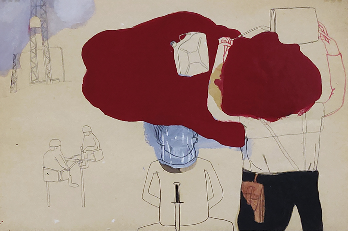 Hagen Klennert, Crimson Cloud, 1997 Ink drawing of people with red blotch