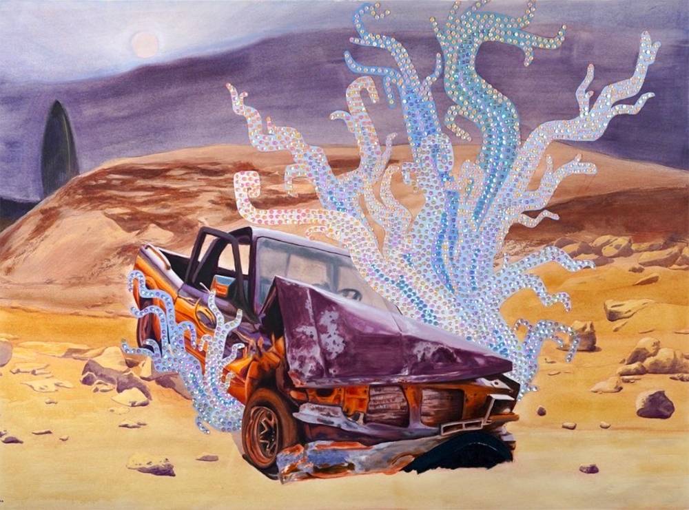 José Guadalupe Sánchez III, Crash Landing #3 (Christofalo's Non-Escape), Acrylic and Sequin, 42x30 in, 2022 Crashed Pickup Truck in Barren Landscape