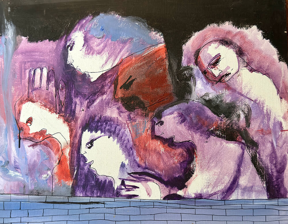 Purple Assembly People and Wall